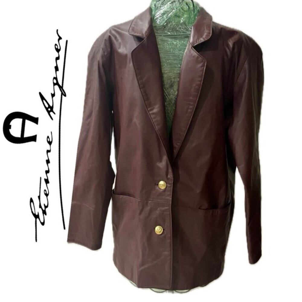 VTG ETIENNE AIGNER COAT BLAZER LEATHER‎  MAROON SZ S OVERSIZED DARK ACADEMIA